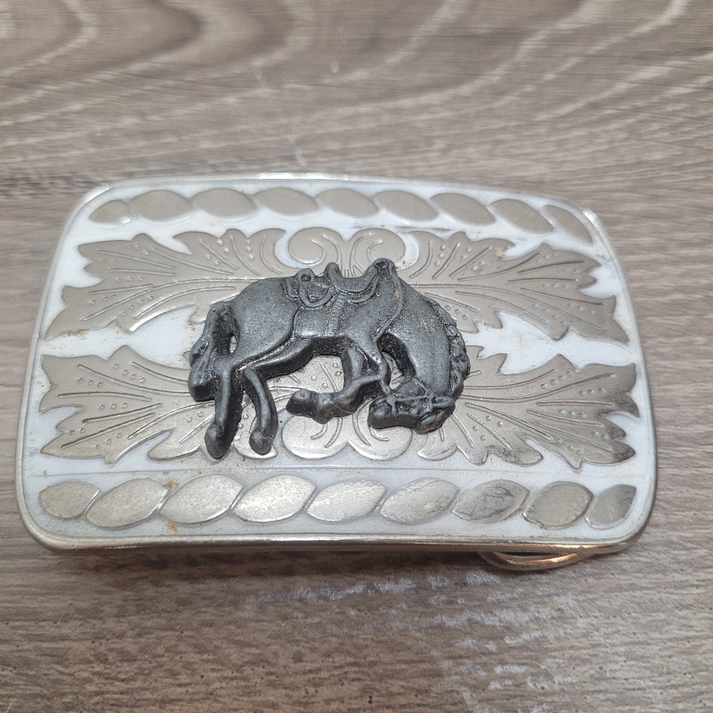 Vintage Western Bucking Bronco Horse Silver-Tone Belt Buckle USA